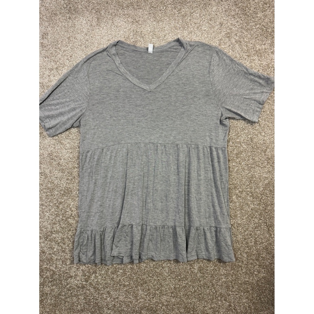 Your Style Gray V-Neck Babydoll Tunic Top Short Sleeve Ruffle Hem 2XL